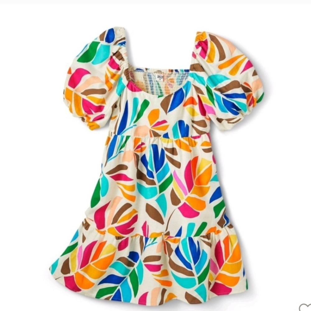 Vibrant Botanical Print Tabitha Puff Sleeve Midi Dress w/ side pockets sz xs